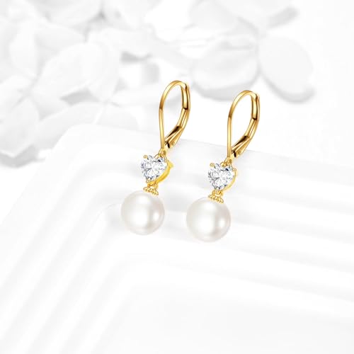 14K Solid Gold Freshwater Pearl Drop Leverback Earrings for Women - Cubic Zirconia Pearl Dangle Jewelry Gift (9MM)3