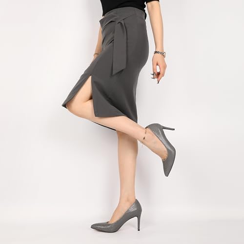 Mettesally Women's Closed Pointed Toe Pumps Snake Heels Stilettos Slip On Formal Office Dress Shoes Snake Grey USR7.53