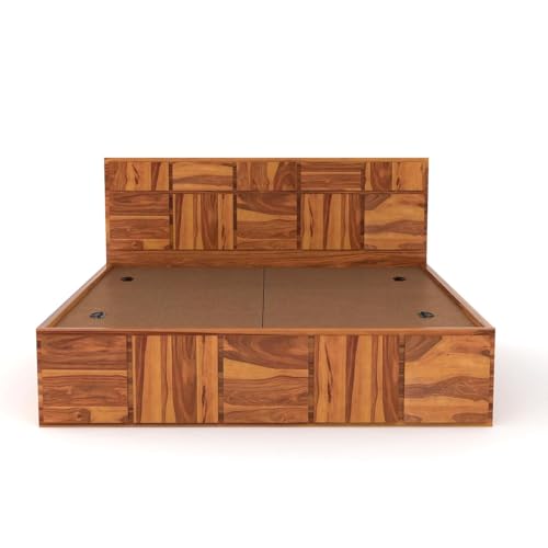 Image of Solid Sheesham Wood King Size Bed with Storage | Modern Wooden Bed with Box Storage | Strong Durable Bed Frame with Designer Headboard | Ideal for Bedroom Home & Hotel (Honey Finish)