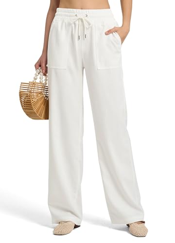 WILLIT Leinenhose Damen Hose Baumwolle Sommerhose Leinen Stoffhose Jogginghose Einfarbig Weites Bein Palazzo Hose Freizeithose Casual Strandhose mit Taschen 31 Weiß L