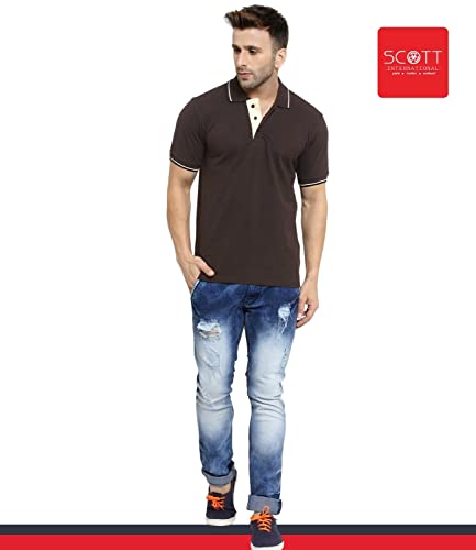 Image of Scott International Men's Regular Fit Half Sleeve Organic Cotton Polo T-Shirt (SS20-SP21-S Coffee Brown with White Small)