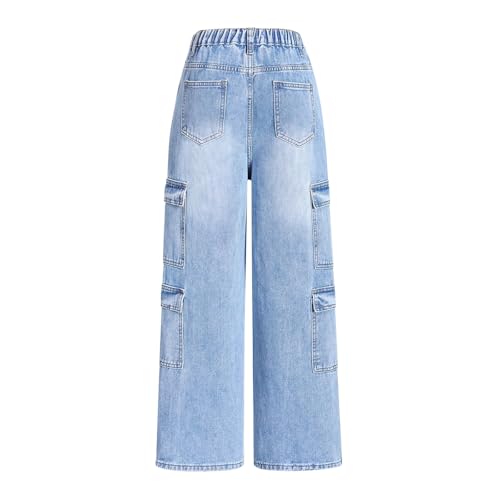 Tween Girls Cargo Jeans Elastic Waistband Wide Leg Y2K Pants with Multiple Pockets Baggy Denim Pants for Teens Girls2