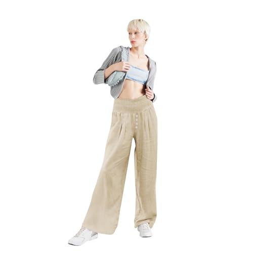 Lastesso Linen Pants Women Boho Wide Leg Trousers Tummy Control Summer Beach Travel Clothes Casual Flowy Pants with Pockets3