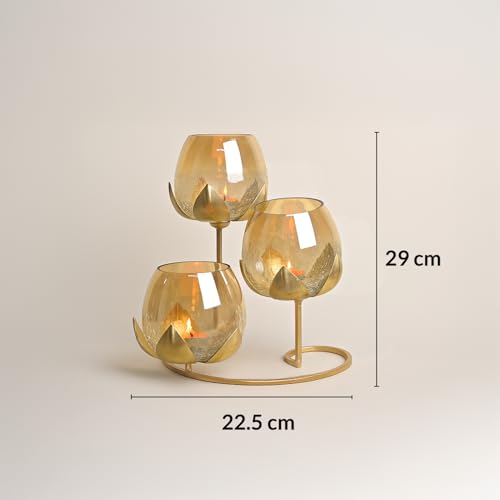 Image of MARKET 99 Metal + Glass 3 Votive Lotus T-Light Holder | Golden Decorative Candle Stand for Christmas, Diwali, Birthday & Wedding | Elegant Home Decor Tealight Holder for Festive Gifting