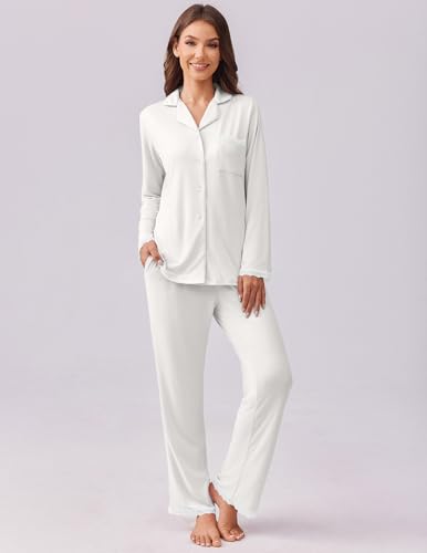 Ekouaer Womens Pajamas Set Long Sleeve Sleepwear Button Down Lounge Set 2 Pieces Soft Nightwear Lace Pjs Set2