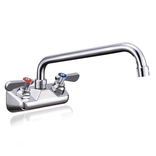 Sepaitek Leak-Free Commercial Sink Faucet 4' Spread Center 12' Spout, Wall Mount Bar Faucet 4 inch Center 2 hole 2 Handle, for Triple 3 Compartment Sink, Restaurant Laundry Hand Wash Industrial, Brass