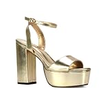ESSEX GLAM Womens Platform Ankle Strap Sandals Ladies Strappy Block High Heel Gold Party Evening Shoes Size 6