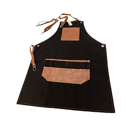Studion-Line By Feray Alpay Extra Pocket Design Black Apron With-Faux Brown Leather Straps And Pockets-Apron For Women-Apron For Men-Apron-Personalized Gift-Barista #TOP3