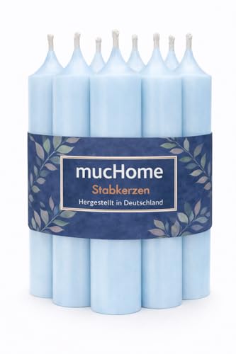 mucHome Stabkerzen 8er Set – Made in Germany – Ø 2,2 x 11 cm – durchgefärbte Premium Tafelkerzen mit ca. 4 Std. Brenndauer (Pastellblau)