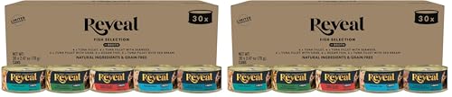 Image of Reveal Natural Wet Canned Cat Food, 5-Flavor Variety Pack, Limited Ingredient, Grain Free, High Protein with No Artificial Additives, Fish Variety in Broth (20 x 2.47 oz Cans) (Pack of 60)