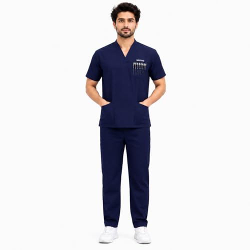 Image of Unisex Medical Scrub Suit Set, V-Neck Top with Pants, Short Sleeve, Polyester Cotton Blend, 7 Pockets, Regular Fit, Hospital Doctor Nurse Uniform