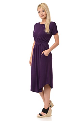 iconic luxe Women's Solid Short Sleeve Flare Midi Dress with Pockets Large Eggplant