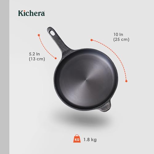 Image of Kichera Premium Cast Iron Frying Pan Pre-Seasoned with Long Handle | Naturally Non-Stick 10 Inch Omelette Pan | Cast Iron Multipurpose Skillet for Eggs, Pancakes, Dosas, Roasting & Everyday Cooking