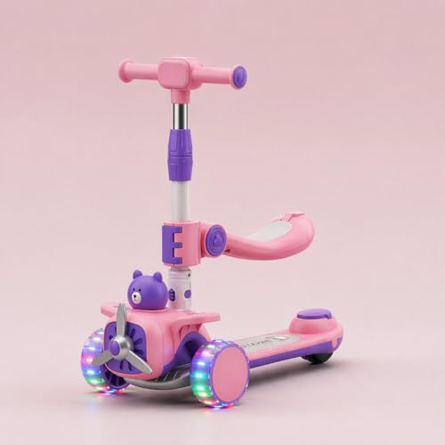 Image of 2-in-1 Skate Cycle Kick Scooter with Seat | LED Wheels & Music | Foldable, Adjustable Height Scooter for Kids Age 3-10 Years (KS-213 Pink /Purple)