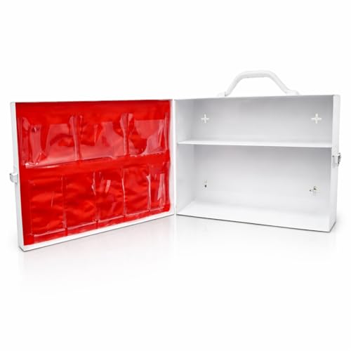 Rapid Care 2-Shelf Metal First Aid Cabinet Empty Wall Mountable Steel First Aid Kit with Door Pouches for Home and Workplace Safety