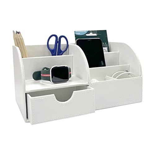 UnionBasic Office Desk Organizer - Multifunctional PU Leather Desktop Storage Box - Business Card/Pen/Pencil/Mobile Phone/Stationery Holder (White)