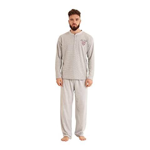 Cotton Trend Mens Grey Striped Pyjama Set Cotton Rich Brushed Long Sleeve PJS Button Neck Fastening Elasticated Waist Bottoms Large Cover