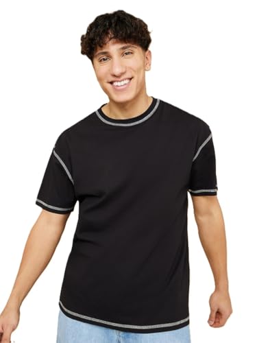 Image of Men's Oversized Crew Neck T-Shirt | Premium Cotton Blend | Contrast Stitch Detail | Half Sleeve Casual Solid Tee for Men