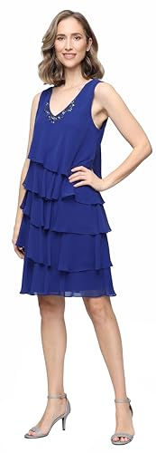 Image of S.L. Fashions Women's Chiffon Tiered Jacket Dress with Beaded Neckline Mother of the Bride, Cocktail, Or Wedding Guest Dress