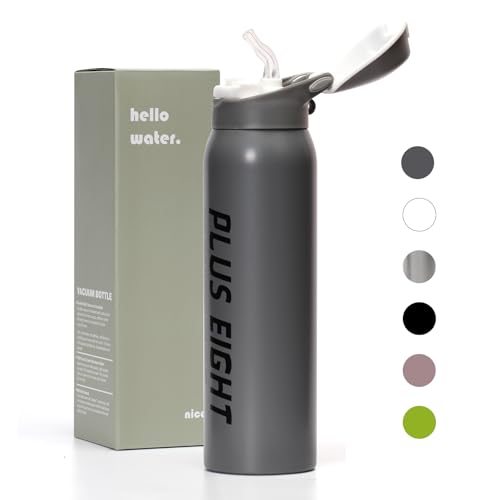 pluseight Insulated Water Bottle with Straw, 500ml Leak Proof 18/8 Stainless Steel Vacuum Tumbler for Sports, Gym or Office, BPA-Free Keep Cold 24H Hot 12H (Grey)