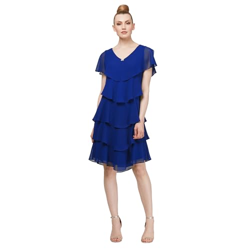 Image of S.L. Fashions Women's Short Sleeve Tiered Chiffon Cocktail Dress, Wedding Guest Gown (Petite and Regular Sizes)