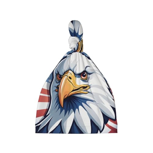 Newborn Baby Hat, Patriotic Bald Eagle Flag Print Soft Top Knot Beanie Cap, Cute Baby Headwear for 0-6 Months Black