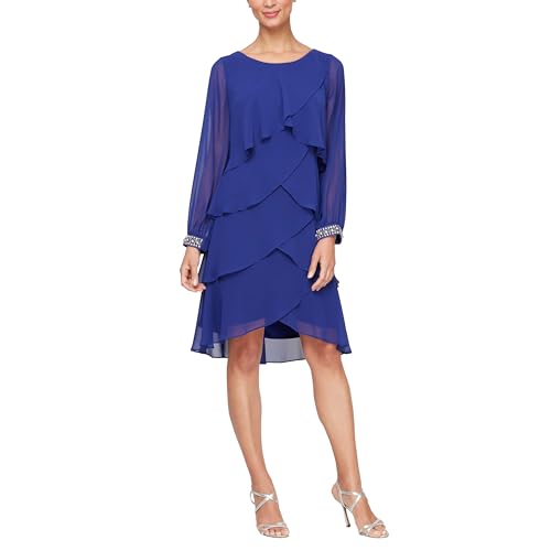 Image of S.L. Fashions Women's Long Sleeve Chiffon Short Cocktail Dress, Wedding Guest, Mother of The Bride (Petite and Regular Sizes)