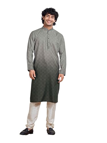 Image of Vardha Men's Cotton Shaded Printed Kurta with Moroccan Pattern and Stitched Design and Mandarin Collar Style | Kurta for Men