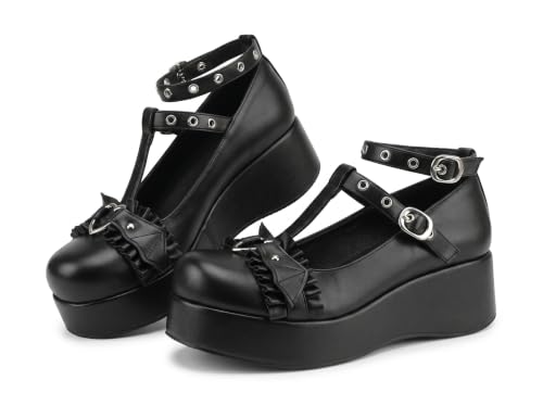 Image of CELNEPHO Mary Jane Shoes Women Cute Ankle Strap Platform Wedge High Heel Pumps Gothic Party Dress Shoes for Women
