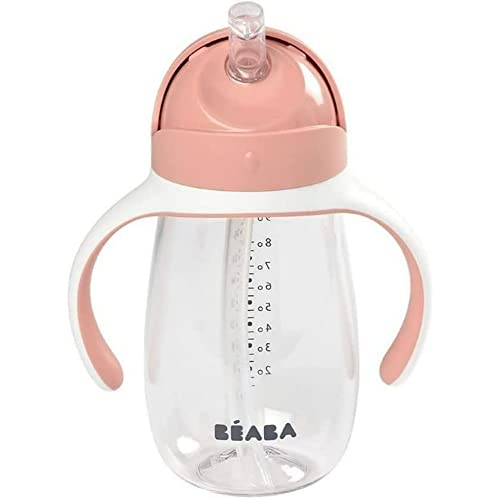 BÉABA, Biberon/Tasse d'apprentissage 2 en 1, Tasse Paille Enfant, 100% étanche, Anti-fuite, Facile à Ouvrir, Poignées amovibles, Tritan et Silicone, 300 ml, Old Pink