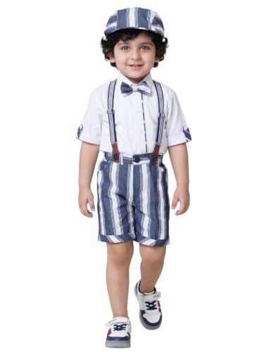Image of AJ DEZINES Kids Cotton Blend Stripes Shirt Shorts With Cap and Suspender Set For Boys