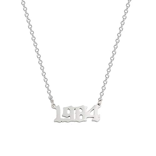 Glimmerst Birthday Year Necklace, 18K Gold Plated Stainless Steel Birth Year Number Pendant Necklace Memorable Anniversary Jewelry for Women 1984 Silver