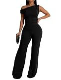 GOKATOSAU Women's One Off Shoulder Sleeveless Ruched High Waist Long Wide Leg Pants Jumpsuit Black