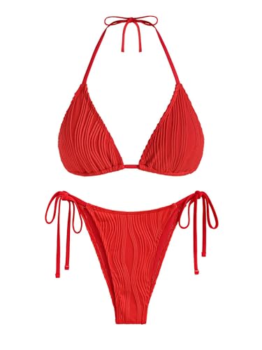 ZAFUL Triangle Bikini for Women 2 Piece Halter Bikini Sets Sexy High Cut Bathing Suit Side Tie Wave Textured Swimsuits