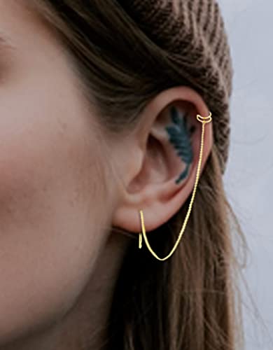 Fxiqini 9PCS Cuff Earrings Chain Butterfly Moon Small Hoop Wrap Leaf Tassel Ear Stud Long Chain Adjustable Ear Clip Drop Dangle Earrings for Women Girls - Image 5