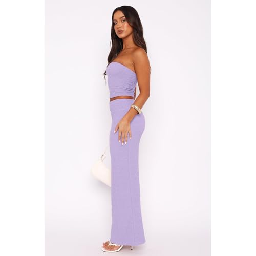 Image of Two Piece Dress Outfits for Women Sleeveless Tube Tops Bodycon Maxi Dress Summer Strapless Crop Top Sexy Suits Set