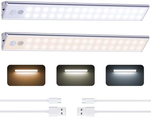 Wireless LED Under Cabinet Lights, Dimmable Touch Control,3 Color Temperature Motion Sensor Closet Lights, 2 Pack Rechargeable Magnetic Lights