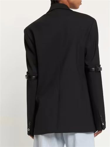 Women's Spring and Autumn PU Leather Button Spliced ​​Long Sleeve Two Button Blazer Top4