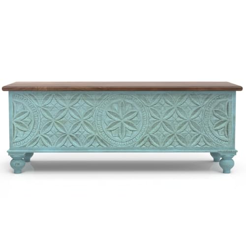 Image of Wooden Trunk Box for Storage | Solid Wood Coffee Table for Living Room | Handcrafted Center Tea Table with Sandook Storage for Living Room | Pitara for Home & Bedroom (Light Blue Distress)