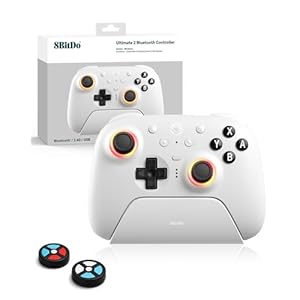 8Bitdo Ultimate 2 Bluetooth Controller (TMR Joystick Update), RGB Fire Ring, Switchable Hall Effect/Tactile Triggers, Vibration and Motion Control for Switch, Windows PC (White)