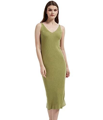 Image of Women's Sleeveless Sweater Dress Knit Slim V Neck Bodycon Midi Stretchable Elasticity Slim Fits