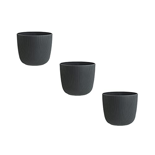 Engelland - 3 x Blumentopf mit Drainagesystem, Anthrazit-Grau, Rillenoptik, Pflanz-Topf, Kübel, modern, widerstandsfähig, rund, wetterfest, Kunststoff, Ø 10 cm, 0,5 Liter
