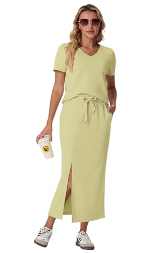 Image of GRECERELLE Women Summer Casual 2 Piece Sets V-Neck Wrinkle-Free Top & Elastic Waist Midi Side Slit Skirt with Pockets