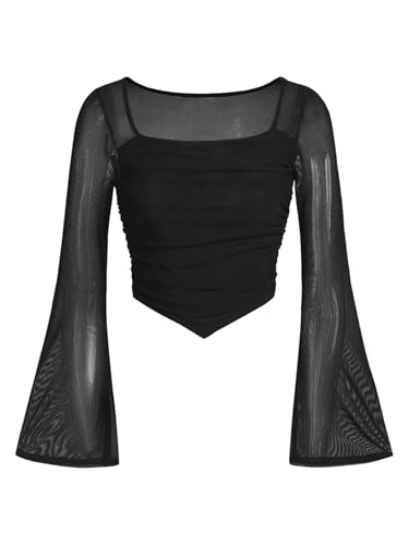 SweatyRocks Girl's Mesh Crop Top Square Neck Ruched Asymmetrical Bell Long Sleeve T Shirt