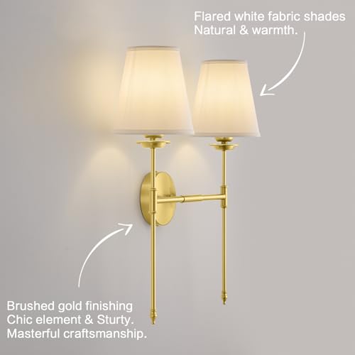 Image of Wall Sconce with Flared White Textile Lamp Shade, Double Sconces Wall Lighting Bathroom Light Fixtures, Gold Brushed Wall Lights Wall Lamp Vanity Light Fixtures with Long Arms, E26 Base