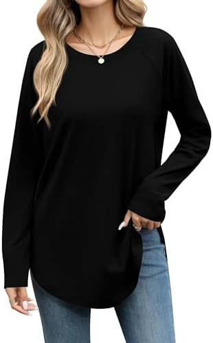 Laughido Women's Casual Raglan Long Sleeve Tunic Round Neck Curved Hem Loose Fit 2025 Basic T-Shirt Tops