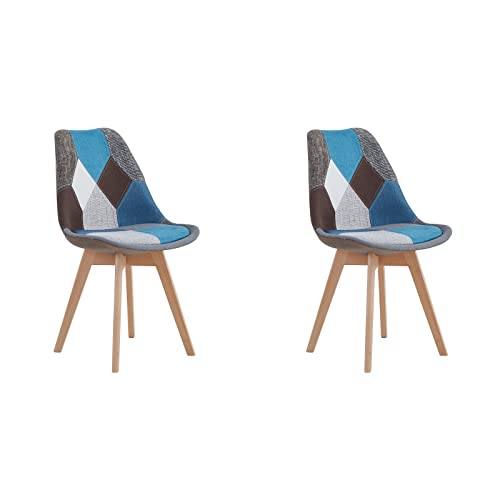HJhomeheart Lot de 2 Chaises de Salle à Manger en Tissu Patchwork avec Coussin d'assise Amovible et Pieds en Bois Massif pour Salle à Manger, Salon, Cuisine,...