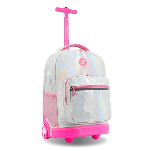 Image of J World Sunrise Kids Rolling Backpack with Wheels for Girls Boys, Roller Bookbag for School, 18 x 13 x 9 Inches, Metallic Silver