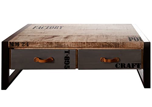 Table Basse Industrielle 115x60cm - Bois Massif de manguier Brut - Fer et Bois imprimé - Factory #128