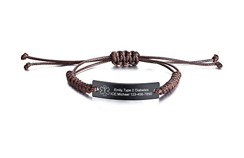 VNOX Free Custom Engraving Handmade Rope Medical Alert ID Cuff Bracelet Wristband Bracelet Adjust 5-9